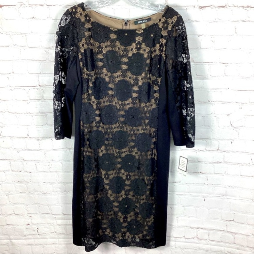 NWT Nine West Black Lace Floral Embroidered Shift Midi Dress Women’s Size 8 - Picture 1 of 12